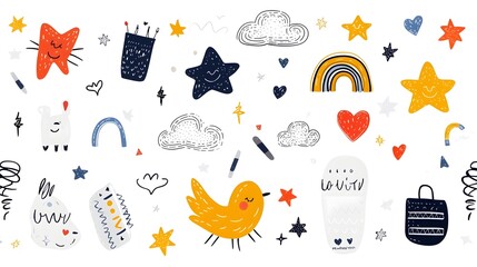 Aufkleber - Vibrant and whimsical abstract crayon doodle patterns featuring clouds stars hearts and rainbows in a playful naive style  Perfect for children s sticker designs wallpapers