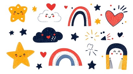 Leinwandbilder - Collection of vibrant and whimsical abstract crayon doodle patterns featuring clouds  stars  hearts  and rainbows in a playful  naive style  Perfect for children s sticker designs  wallpapers
