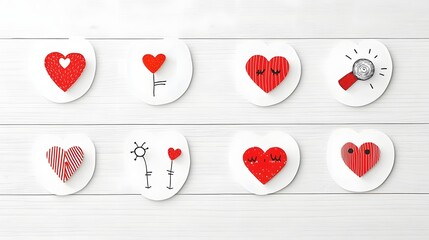 Leinwandbilder - Elegant collection of six red heart shaped stickers featuring a range of modern minimalist designs  from simple to detailed  arranged on a clean white background for a premium  stylish look