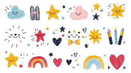 Leinwandbilder - Vibrant and whimsical abstract crayon doodle patterns featuring clouds stars hearts rainbows and suns in a playful naive style  Perfect for children s sticker designs wallpapers and greeting cards