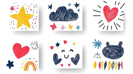 Aufkleber - Vibrant and whimsical abstract crayon doodle patterns featuring playful clouds  stars  hearts  and rainbows in a naive  childlike style  Perfect for children s sticker designs  wallpapers