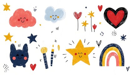Leinwandbilder - Vibrant and whimsical abstract crayon doodle patterns featuring a collection of playful  naive style icons and shapes including clouds  stars  hearts  and rainbows