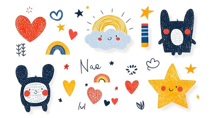 Aufkleber - Vibrant and whimsical abstract crayon doodle pattern featuring playful icons and such as clouds stars hearts and rainbows in a naive cute and cheerful style perfect for children s sticker designs