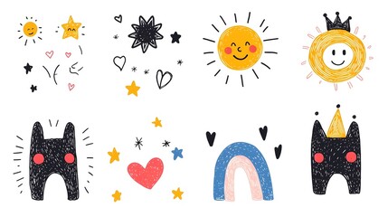 Aufkleber - Vibrant and Playful Collection of Crayon Doodle Icons Featuring a Mix of Abstract Shapes Like Suns Hearts Stars Crowns and Rainbows Designed for Fun and Engaging Kids Sticker Packs