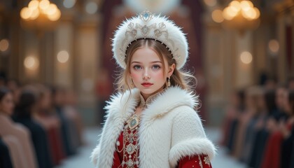 Wall Mural - very cute little Russian girl, Wearing red traditional Russian clothes walking down the runway as snow princess with diamond tiara, white fur coat and hat, holding doll wearing ornate dress, jewelry