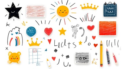 Aufkleber - Collection of vibrant and playful crayon doodle icons featuring a mix of abstract shapes like suns hearts stars crowns and rainbows
