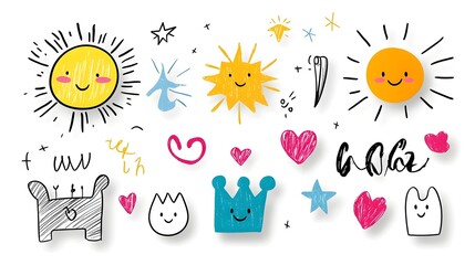 Aufkleber - Vibrant crayon doodle collection featuring a playful mix of abstract shapes like suns  hearts  stars  crowns  and rainbows  designed for fun and engaging kids sticker packs