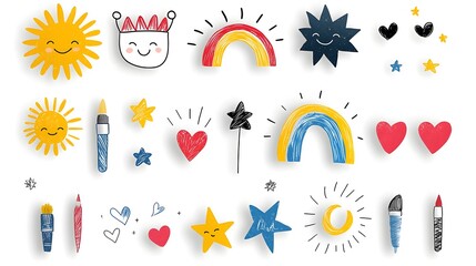 Aufkleber - Collection of Playful Abstract Shapes in Vibrant Crayon Doodle Style Designed for Fun and Engaging Kids Sticker Packs