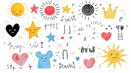 Aufkleber - Collection of vibrant crayon doodle icons featuring a playful mix of abstract shapes like suns  hearts  stars  crowns  and rainbows designed for fun and engaging kids sticker packs