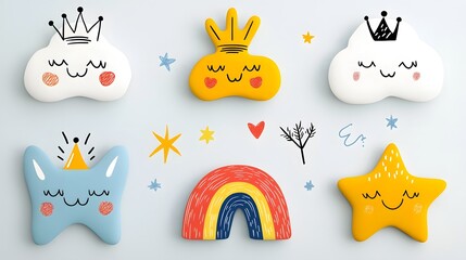 Aufkleber - Colorful and Whimsical Collection of Abstract Crayon Style Doodle Icons Featuring Playful Clouds Rainbows Hearts Crowns Stars and Arrows for a Fun and Kid Friendly Sticker Pack or Background Design