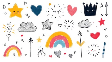 Fototapete - Collection of vibrant and whimsical abstract crayon style doodles featuring playful clouds  rainbows  hearts  crowns  stars  and arrows perfect for a kid friendly sticker pack or background design