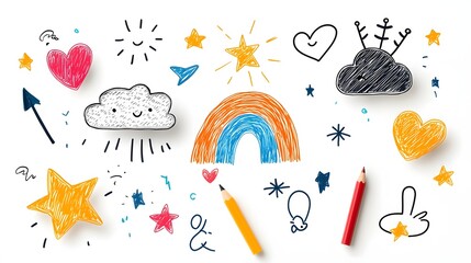 Fototapete - Collection of Playful Crayon Style Doodle Designs Featuring Vibrant Clouds Rainbows Hearts Crowns Stars and Arrows for Use as Sticker Packs Backgrounds or Other Kid Friendly Creative Projects