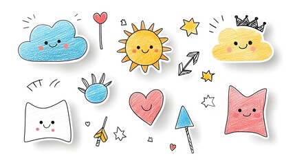 Leinwandbilder - Cheerful and Vibrant Sticker Pack Featuring a Collection of Playful Crayon Drawn Icons and Shapes Including Clouds  Sun  Stars  Hearts  Arrows  and Crowns in a Fun  Naive and Childish Style