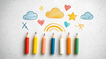 Aufkleber - Vibrant and Whimsical Crayon Style Abstract Doodle Icons Featuring Playful Clouds Rainbows Hearts Crowns Stars and Arrows for a Kid Friendly Sticker Pack or Background Design