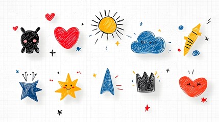 Aufkleber - Colorful and vibrant sticker pack featuring a collection of hand drawn crayon doodle icons  shapes  and abstract designs in a playful  childish  and cheerful style  Includes elements like stars