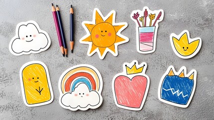 Leinwandbilder - Playful and Vibrant Crayon Drawn Sticker Pack Featuring a Collection of Cheerful Crayon Drawn Shapes Clouds Rainbow Sun Hearts Crowns Arrows and Stars in a Fun Naive and Childish Style