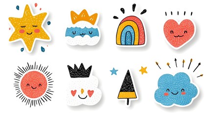 Aufkleber - Vibrant and Playful Sticker Pack Featuring a Collection of Crayon Drawn Icons and Shapes Including Clouds Rainbows Suns Hearts Crowns Arrows and Stars in a Cheerful Naive and Childish Style