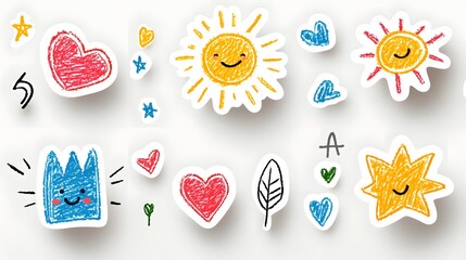 Leinwandbilder - Collection of Playful and Vibrant Crayon Drawn Sticker Pack Featuring Cheerful Shapes Like Hearts Suns Stars Clouds Arrows and Crowns in a Fun Naive and Childish Style