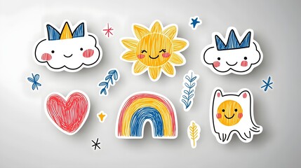 Leinwandbilder - Cheerful and whimsical sticker pack featuring a collection of playful crayon drawn icons and shapes including clouds  rainbows  suns  hearts  crowns  arrows  and stars  all in a vibrant  colorful