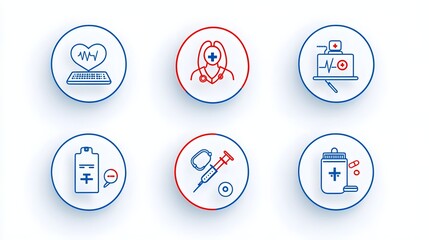 Poster - Collection of 6 linear digital healthcare icons that depict a set of modern features for virtual doctor consultations  online medical diagnostics