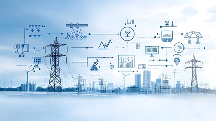 Fototapete - Intelligent Power Grid Network Managing Renewable Energy Sources and Linking Residential and Industrial Buildings for Efficient and Sustainable Electricity Distribution and Transmission