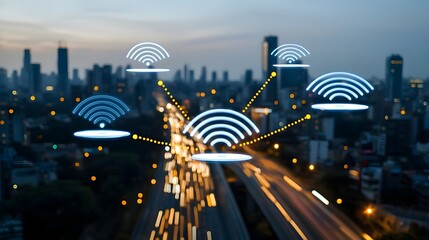 Fototapete - Glowing Digital Data Streams Flow Through a Futuristic Virtual Cityscape Showcasing Tech Innovation and Connectivity  This image depicts a dynamic illuminated cityscape with abstract