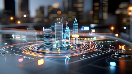 Poster - Glowing neon lines tracing the outline of a futuristic cityscape creating an abstract modern and energetic digital landscape