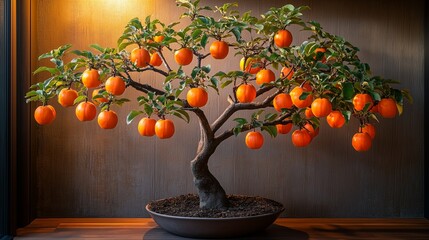 Wall Mural - An indoor persimmon tree with vibrant orange persimmons hanging from its branches, placed in a cozy corner with warm lighting.