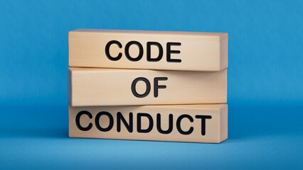 Poster - Code of conduct symbol. Wooden blocks with words Code of conduct.Business and Code of conduct concept. Copy space.3D rendering on blue background.