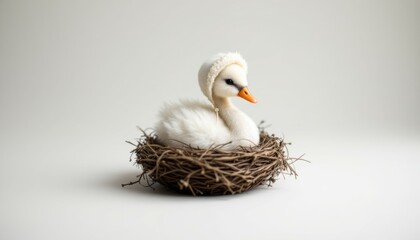 Adorable Baby Swan in Nest Wearing a Bonnet