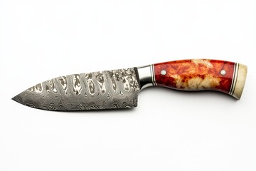 damascus steel chef knife with red and ivory handle, isolated on white background.