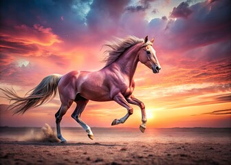 Naklejka na meble Vintage Sunset Macro Photography: Pink Horse Running, Equestrian Art, Wildlife Image, Big Horse Closeup