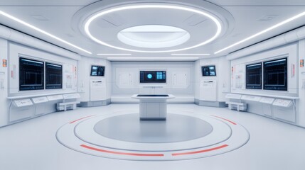 Poster - Futuristic Laboratory Interior with Sleek Design and High-Tech Monitoring Systems in a Bright, Airy Environment Featuring Circular Center Table and Interactive Screens