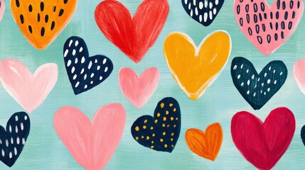 Poster - Colorful Hand-Painted Hearts on a Soft Blue Background, Perfect for Romantic Themes, Celebrations, or Artistic Projects in Playful Styles