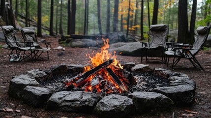 campfire burning brightly in a stone ring, surrounded by folding chairs. perfect for illustrating re