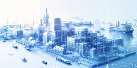 Poster - Futuristic Cityscape with Digital Elements Representing Urban Development and Technology Advancement in a Bright Blue Color Palette