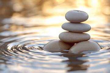 Sticker - Cluster of Pebbles Surrounded by Warm, Golden Light on a Tranquil Beach