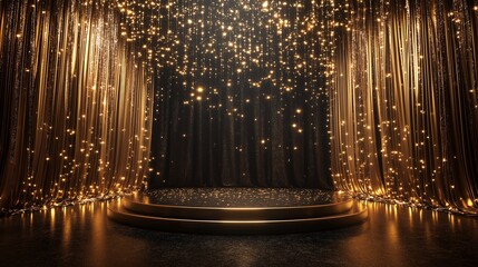 Wall Mural - A black and gold stage with shimmering lights, golden curtains, and a round podium, creating an atmosphere of mystery and elegance.