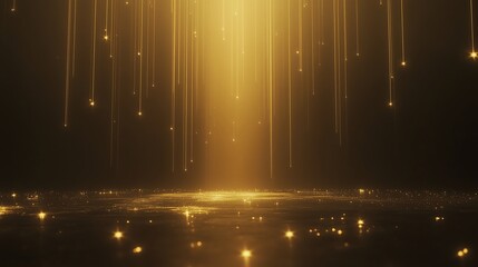 Wall Mural - A dark background illuminated by golden light beams, creating a luxurious glow and dynamic sparkle on the floor.