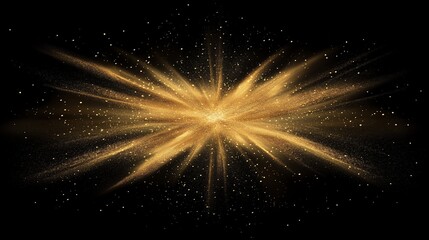 Wall Mural - Metallic golden beams radiating outward on a black backdrop, surrounded by golden dust, exuding luxury and sophistication.