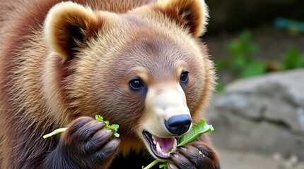 close-up of a young brown bear eating leaves.