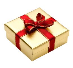 gold gift box with red ribbon