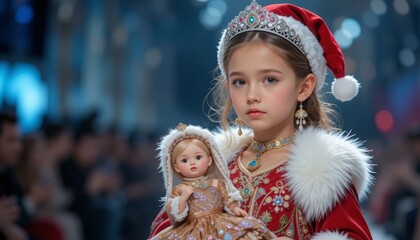 Wall Mural - very cute little Russian girl, Wearing red traditional Russian clothes walking down the runway as snow princess with diamond tiara, white fur coat and hat, holding doll wearing ornate dress, jewelry