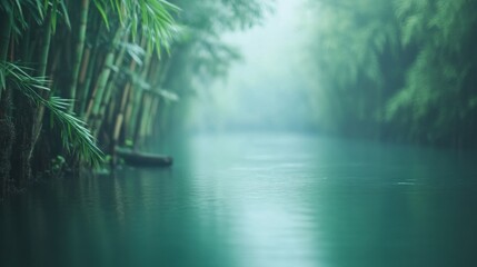 Wall Mural - Bamboo trees line the calm water, creating a peaceful reflection in the soft morning light, evoking tranquility in nature