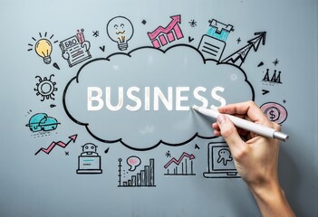 Male hand drawing business-related doodles and business marketing icons on wall background