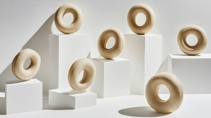 Poster - Minimalistic display of textured doughnut-shaped objects on cubic pedestals under soft lighting