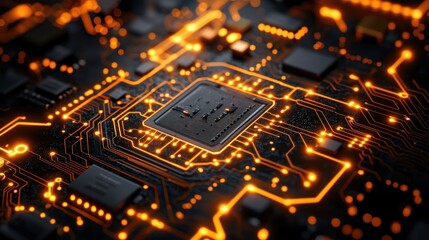 Aufkleber - Intricate Circuit Board with Glowing Orange Pathways and Central Processor. High-detail image showcasing complex electronic circuitry and technological advancement. The warm glow of orange highlights