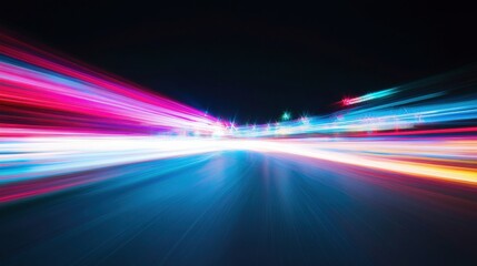Poster - Bright and colorful light trails blend harmoniously in a night setting, while a cute cat playfully explores the captivating scene