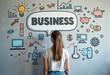 © My Ai - Woman standing in front business-related doodles and business marketing icons on wall background