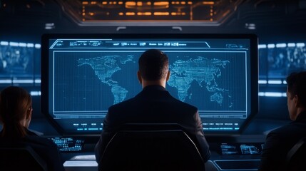 Poster - A group monitors a digital world map in a high-tech control room setting.